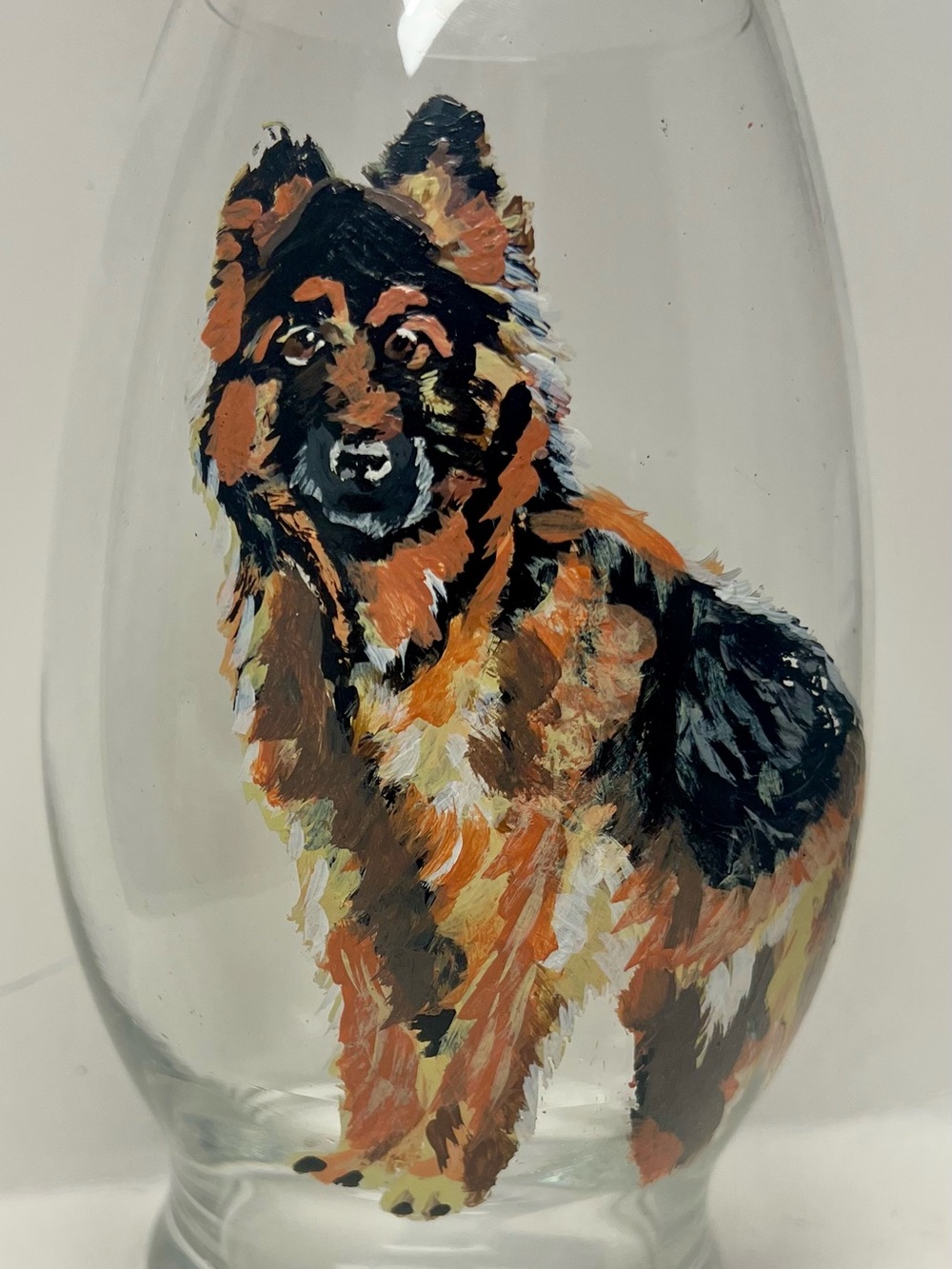 Hand-Painted Glass Vase with German Shepherd Motif - Black & Brown
